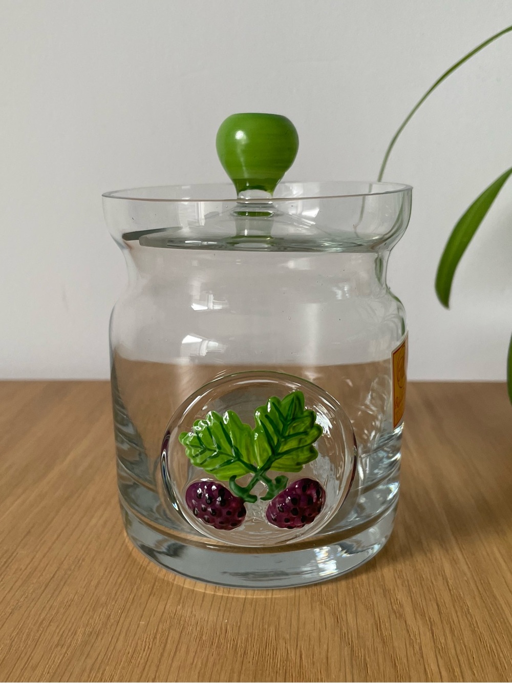 Vintage Royal Danube Glass Storage Jam Jar with Green Lid and Berry Motif